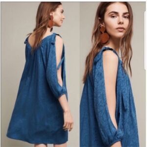 Anthropologie Holding Horses Tie Sleeve Split Sleeve Blue Textured Swing dress